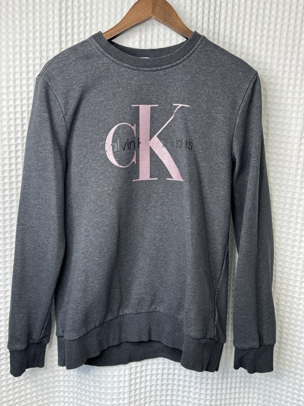 Calvin Klein Jeans Womens M Gray Pink CK Logo Crewneck Sweatshirt Pullover